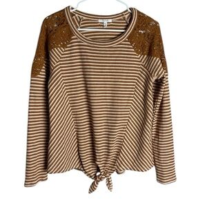 NWT Maurices Striped Rib Knit Crochet Lace Top Brown Knot  Scoop Neck Sz M